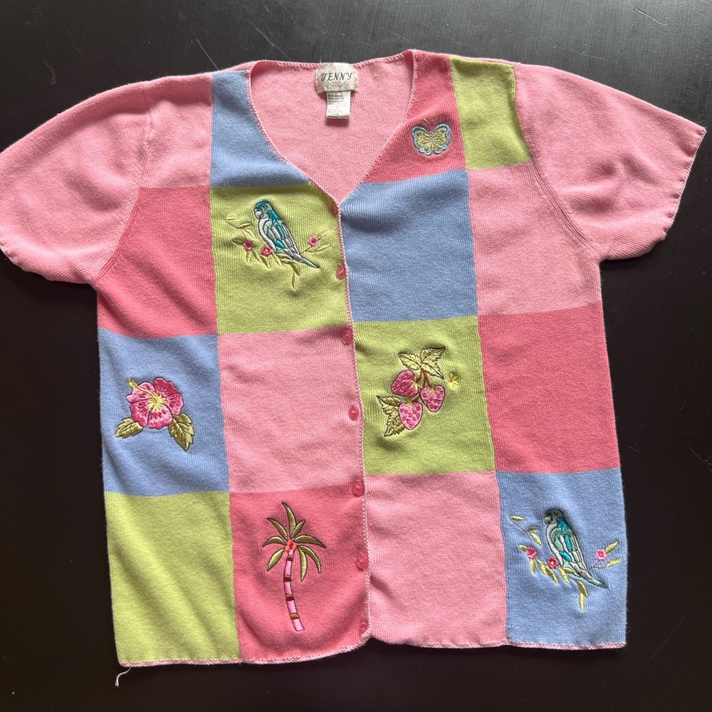 Vintage Jenny patchwork embroidered pastel cardigan Short Sleeve sweater Medium